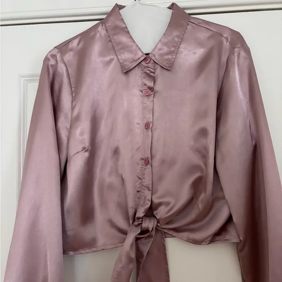 Satin Tie-Front Blouse - Dusty Rose - Picture 4 of 9